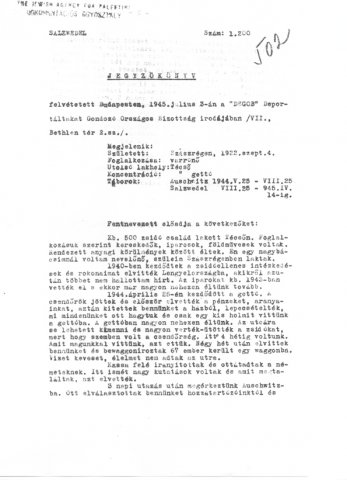 Részlet a Deportáltakat Gondozó Országos Bizottság által felvett jegyzőkönyvekből (Forrás: DEGOB-jegyzőkönyvek: 502, MZSL)

